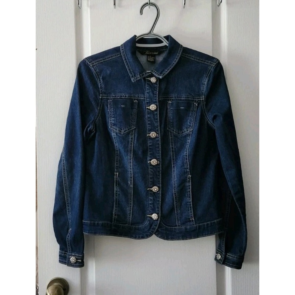 Baccini Denim Jacket Womens Long Sleeve rhinestone detail on the buttons Size S